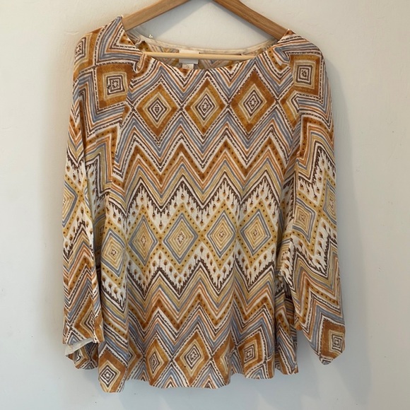 Chicos Sweater Sz 2 Medium Zigzag Ikat Melinda Pullover Linen Blend Lightweight - Picture 2 of 11